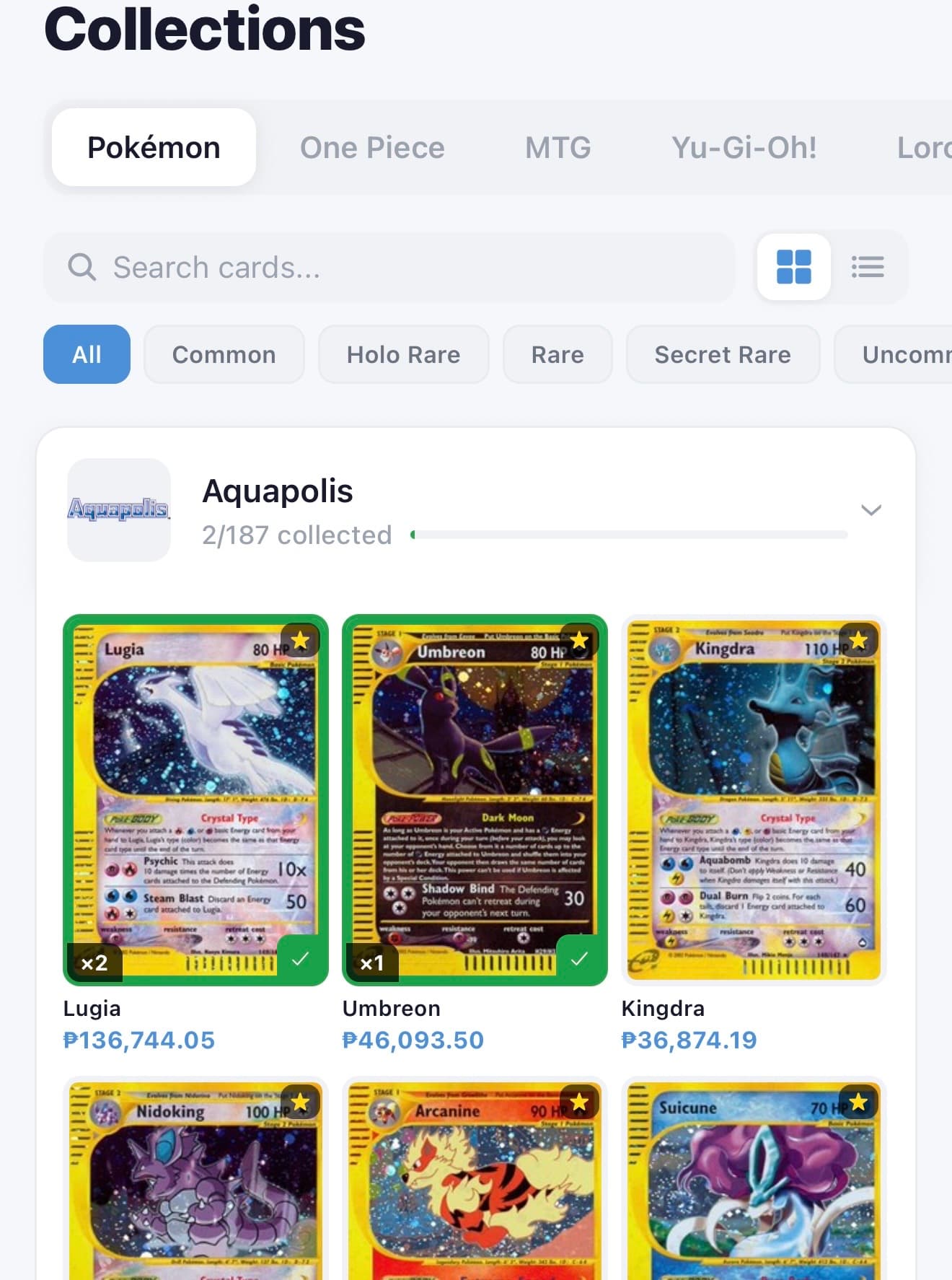 Collections page — Pokémon tab selected with Aquapolis set expanded, showing Lugia, Umbreon, and Kingdra cards in a 3-column grid with quantity and graded badges