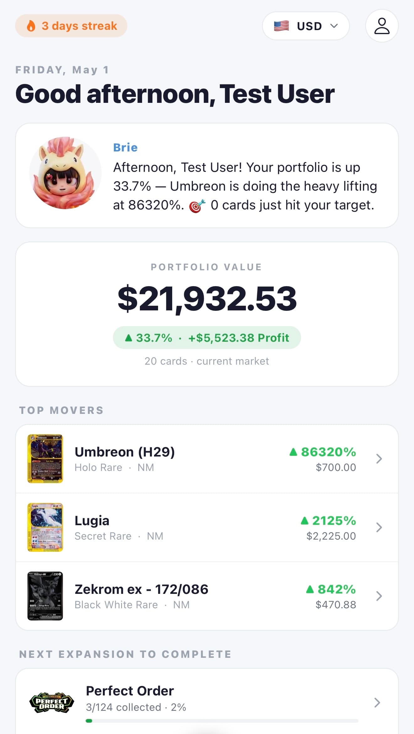 Mintage TCG home screen showing portfolio value, Brie's daily brief, and top-mover cards